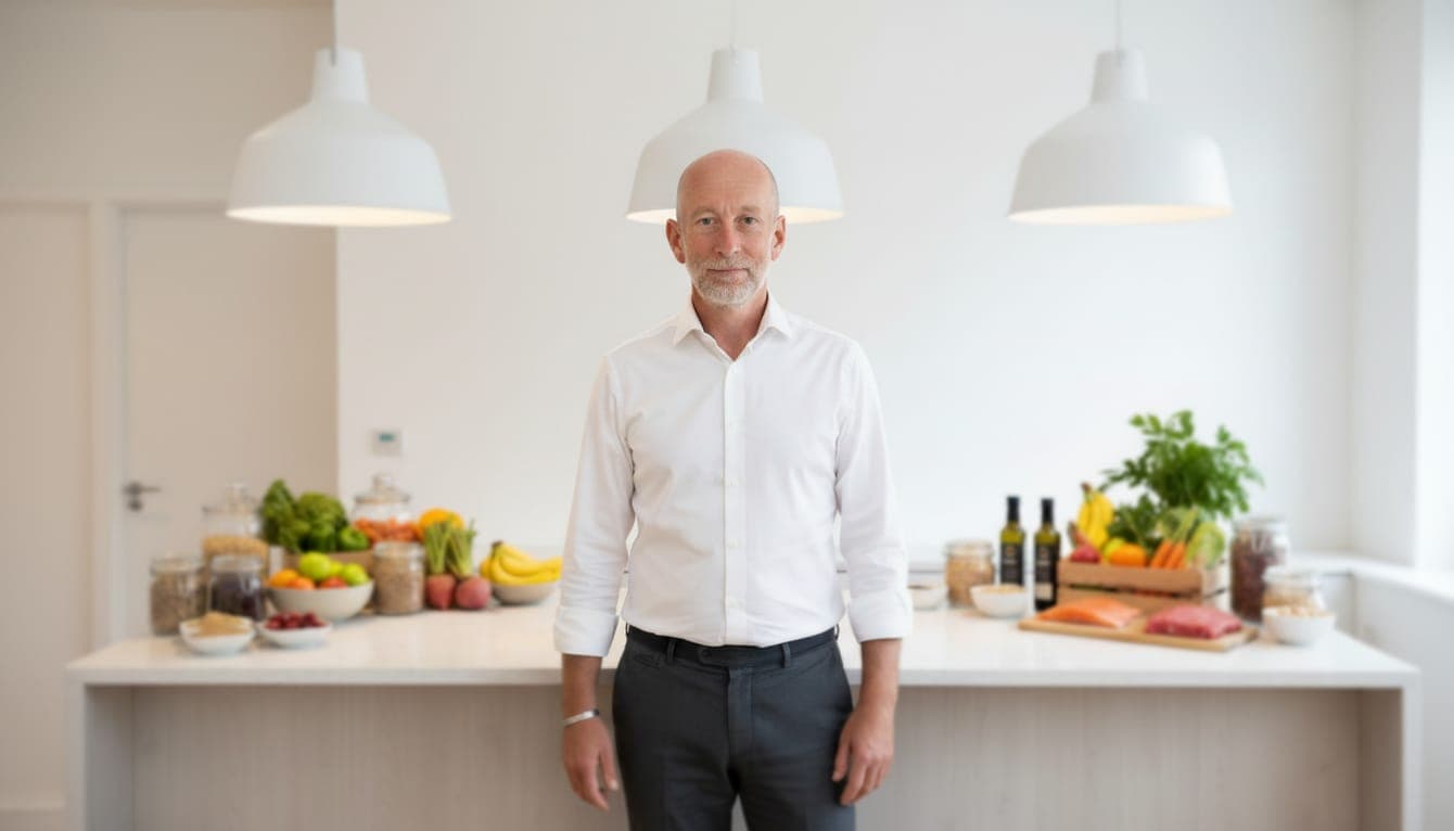 Mark Bennett standing in a kitchen stocked with whole foods